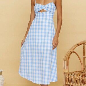 All About May Blue and White Gingham Midi Dress with Cut Outs, 2